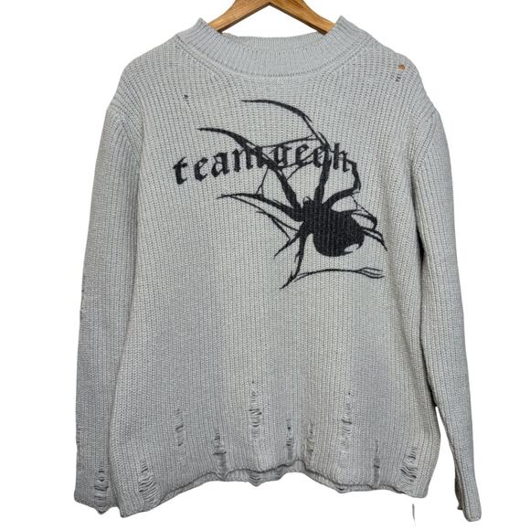 Edgy Spider Sweater Distressed Crewneck Knit Pullover Sage Green XL Grunge - Picture 1 of 3